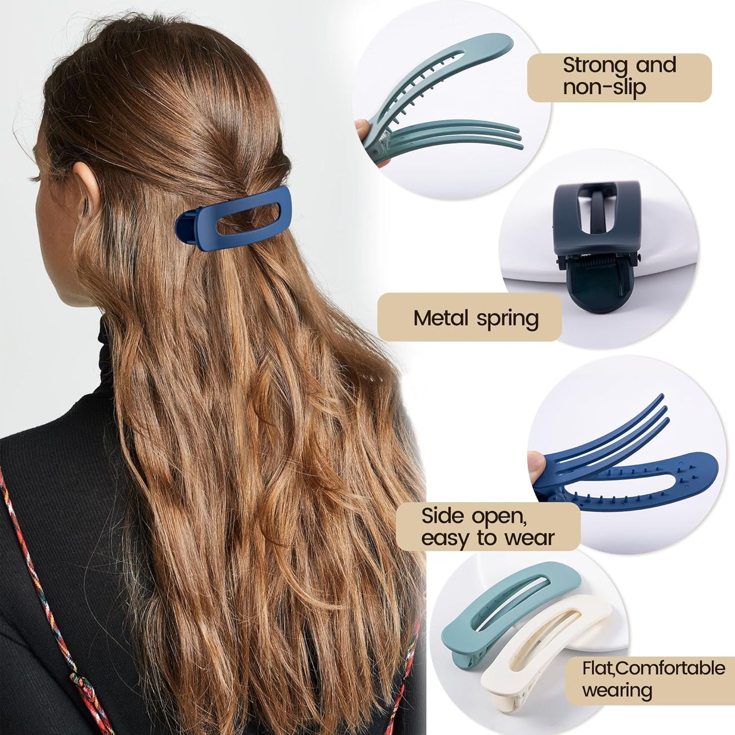 8 Pcs Large Lay Flat Claw Clips for Women French Side Slide Barrettes for Thin Fine Hair Rectangle Alligator Hair Accessories,Matte Blue Beige