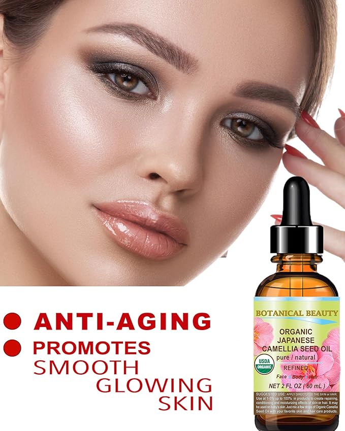 Botanical Beauty Japanese ORGANIC CAMELLIA Seed Oil. 100% Pure Natural Undiluted Refined Cold Pressed Carrier Oil to revitalize and rejuvenate the hair, skin and nails. 1 Fl. oz 30 ml