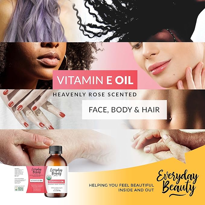 Organic Vitamin E Oil - Heavenly Rose Scented USDA Certified 100% All Natural Plant Based 2oz - Lightweight & Great for Scars After Surgery - For Face, Skin and Nails - Reduce Wrinkles, Anti Aging