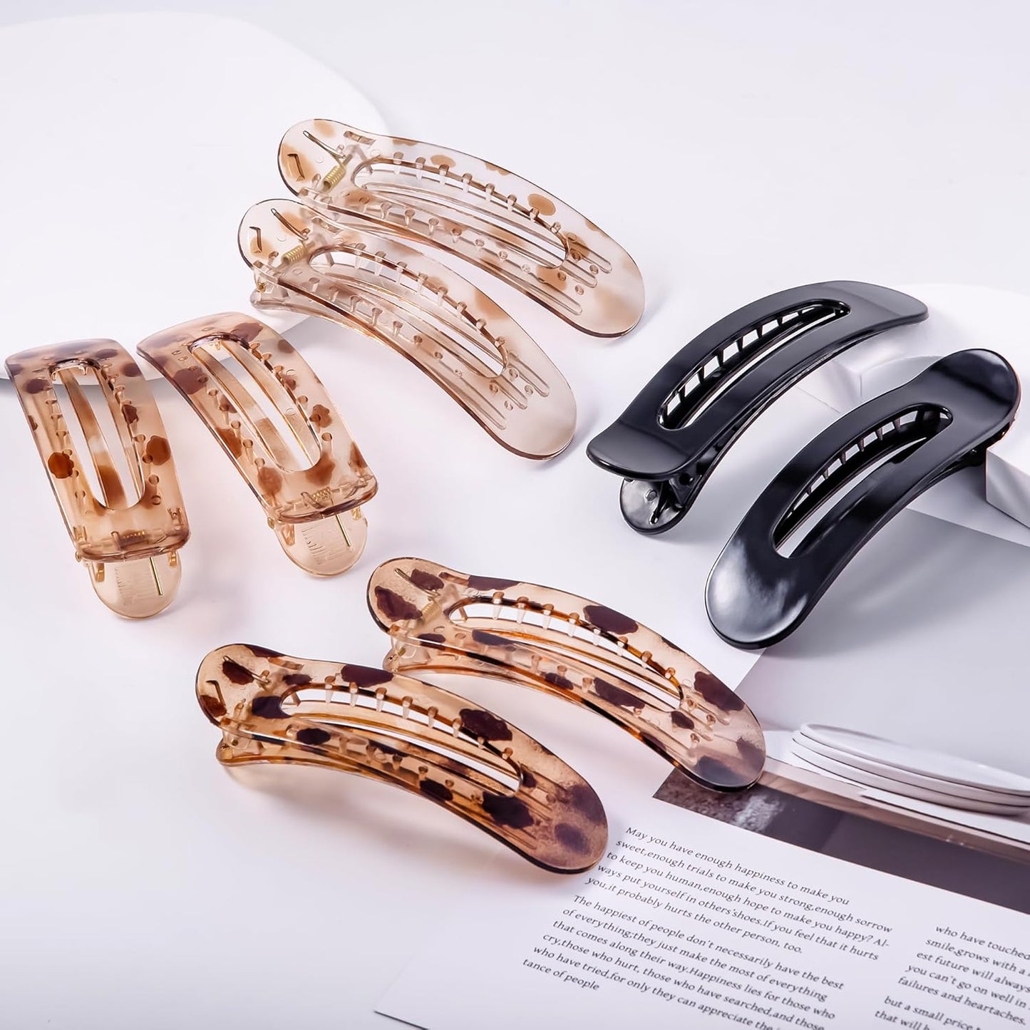 8 Pcs Large Lay Flat Claw Clips for Women French Side Slide Barrettes for Thin Fine Hair Rectangle Alligator Hair Accessories, Bright Black Tortoiseshell