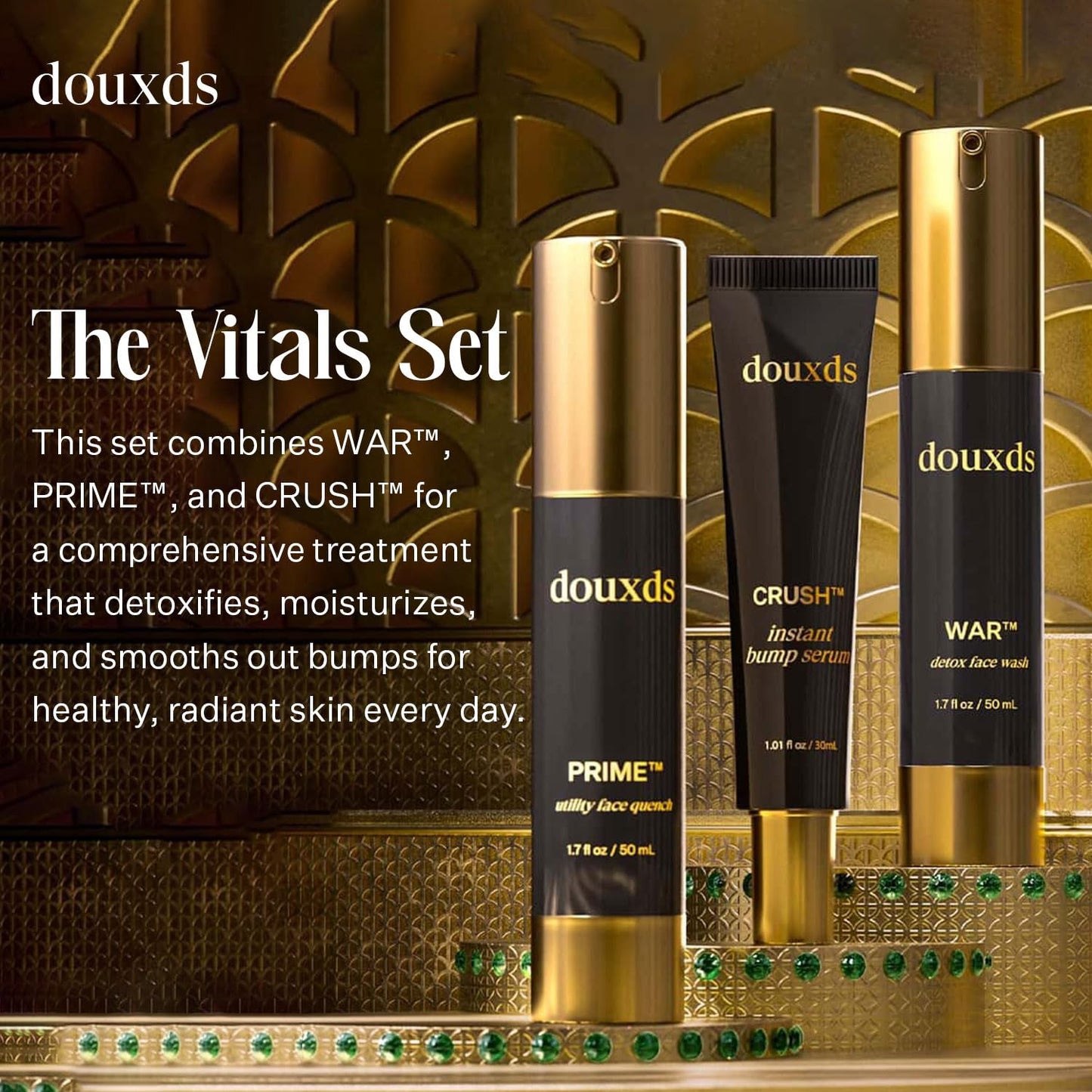 douxds The Vitals Set, WAR™ Charcoal Face Wash, PRIME™ Vitamin Face Quench, CRUSH™ Instant Bump Serum Skincare Trio, Men’s Skincare, Ingrown Hair, Pore Cleaner, Acne Treatment, Pack of 3, 50 ml each