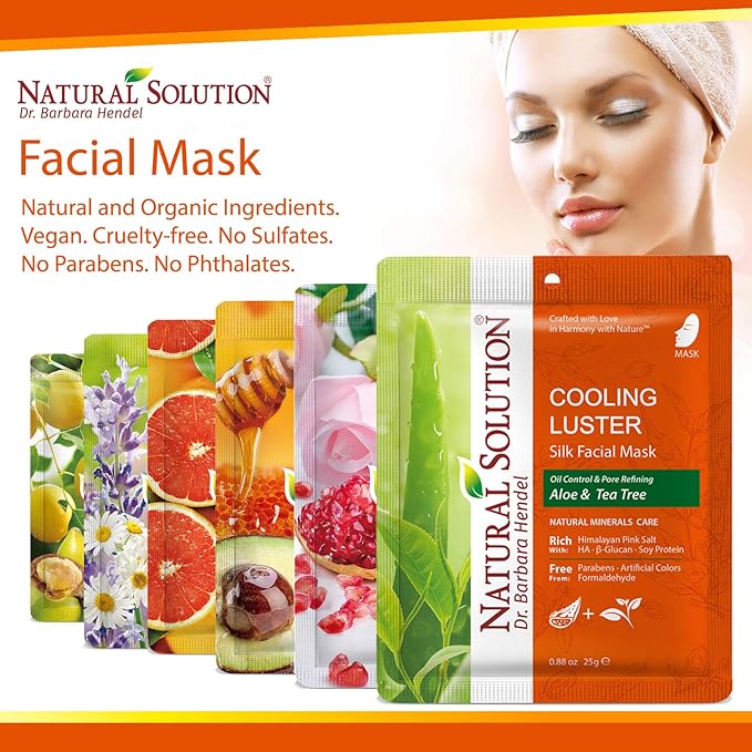 Natural Solution Cooling Luster Silk Facial Mask With Aloe & Tea Tree,Deep Pore Cleansing Face Mask,Instant Brightening and Hydrating - 10 PK