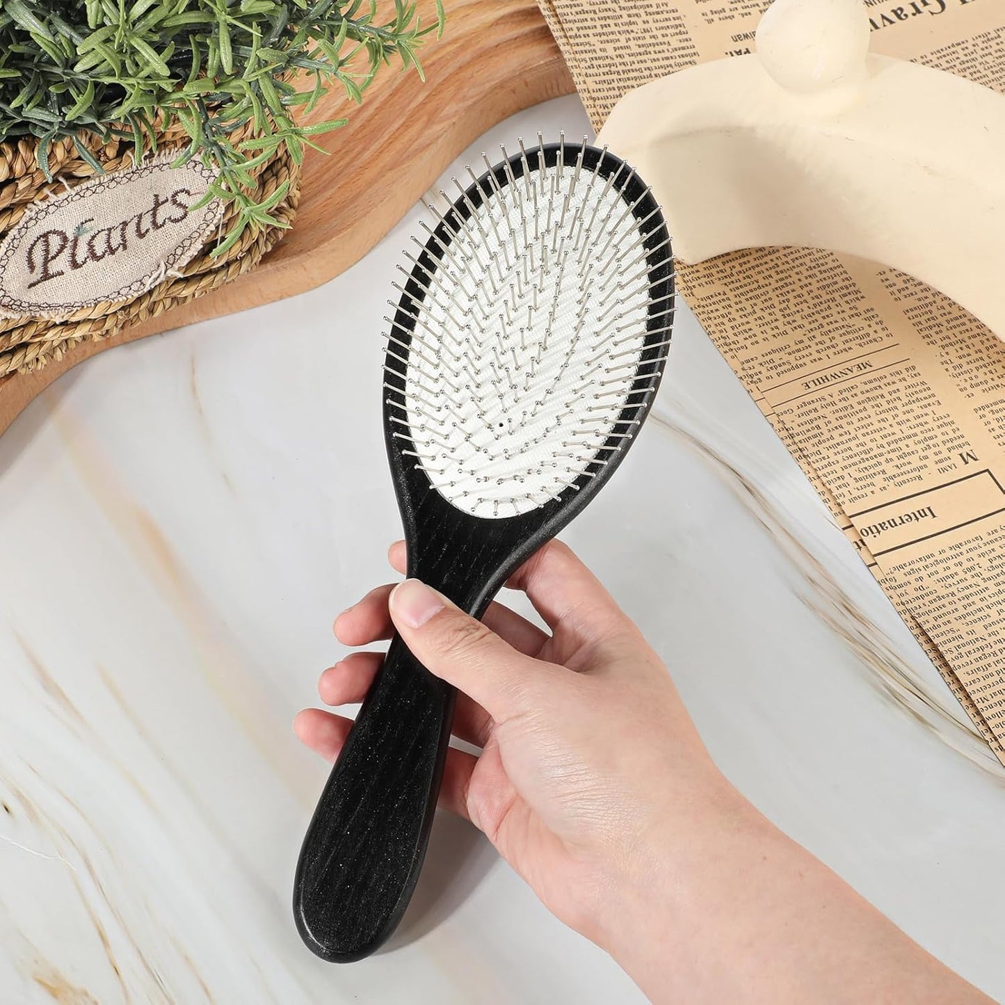 Paddle Wig Brush, Portable Travel Hair Brush with Metal Bristle and Wood Handle, Anti-static Air Cushion Detangler Hairbrush for Women and Men Hair Growth and Scalp Massaging - Black