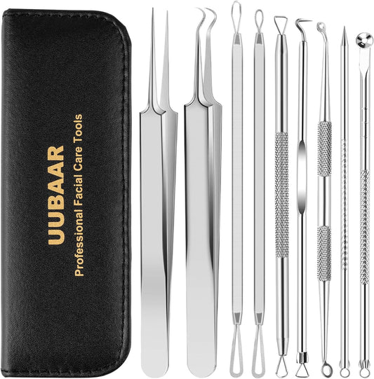 9 PCS Blackhead Remover Tools, Pimple Popper Tool Kit & Comedone Extractor - Professional Acne, Zit, Blemish & Whitehead Removal for Face & Nose, with Stainless Steel Tweezers & Travel Case, UUBAAR