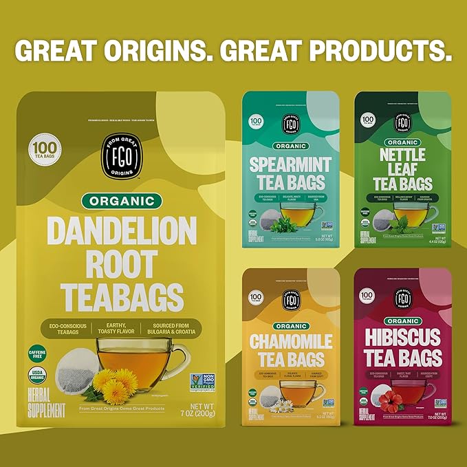 FGO Organic Roasted Dandelion Root Tea, 100 Count, Eco-Conscious Tea Bags, Resealable Bag, Caffeine Free, Packaging May Vary (Pack of 1)