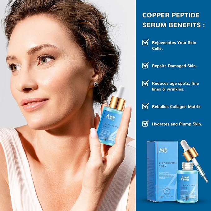ANAI RUI Copper Peptides Serum for Face -Copper Peptide Face Serum + Hyaluronic Acid - Reduces Fine Lines & Wrinkles, Plumping and Radiant Skin, 1.fl.Oz