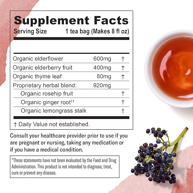 Numi Organic Immune Support Tea, 16 Tea Bags (Pack of 3), Elderflower, Elderberry, Rosehips and Thyme, Caffeine Free