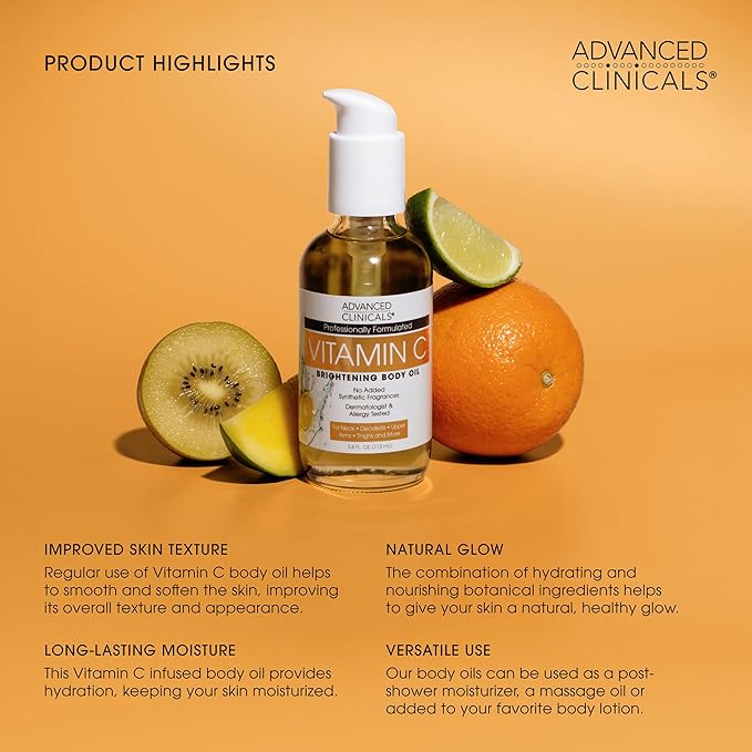 Advanced Clinicals Vitamin C Body Oil Skin Care Moisturizer W/Vitamin E & Turmeric - Nourishing, Brightening, & Hydrating Body Oil To Improve Look Of Dark Spots, Dry Skin, & Stretch Marks, 3.8 Fl Oz