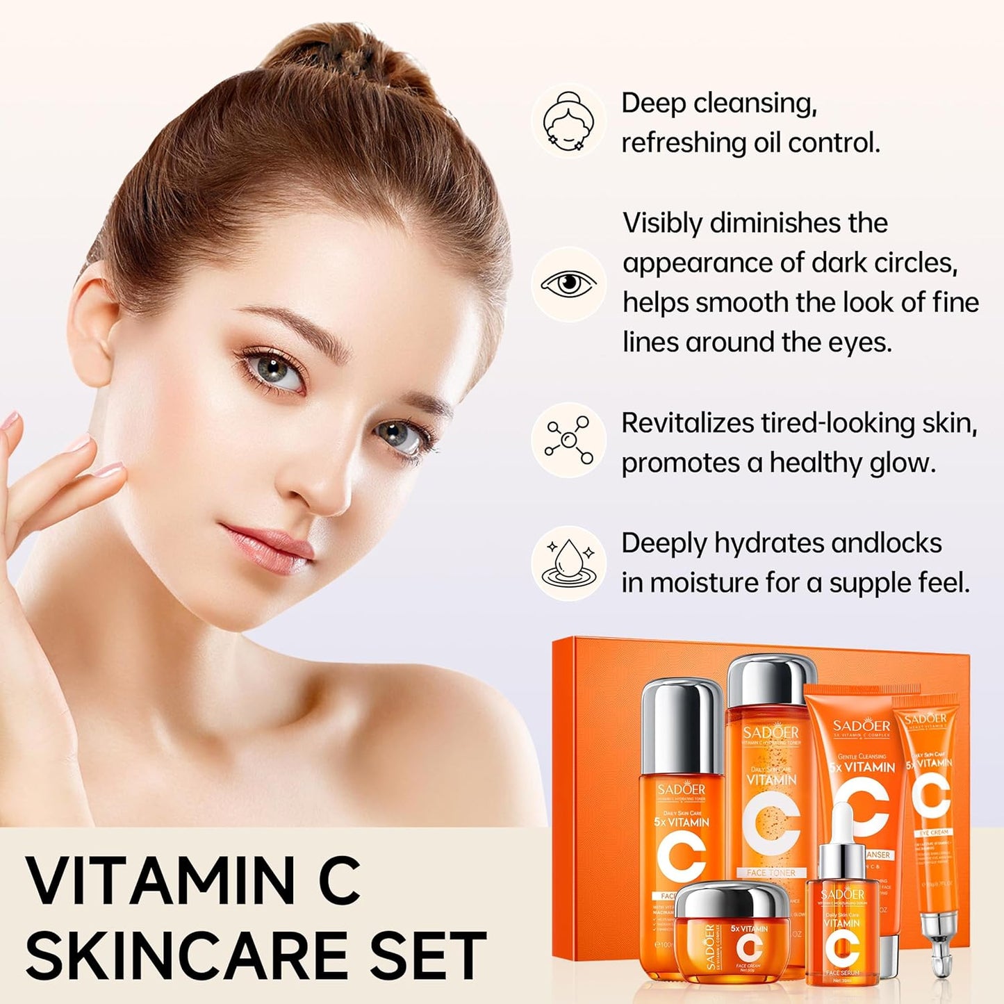 Compatibility Vitamin C Skincare kit SADODER,Skin Hydration | 2x Gift Box ( 6-Piece Face Care Kit ) Includes Toner,Serum, Cleanser,Moisturizer,Eye Cream & Body Lotion,Gift,Women