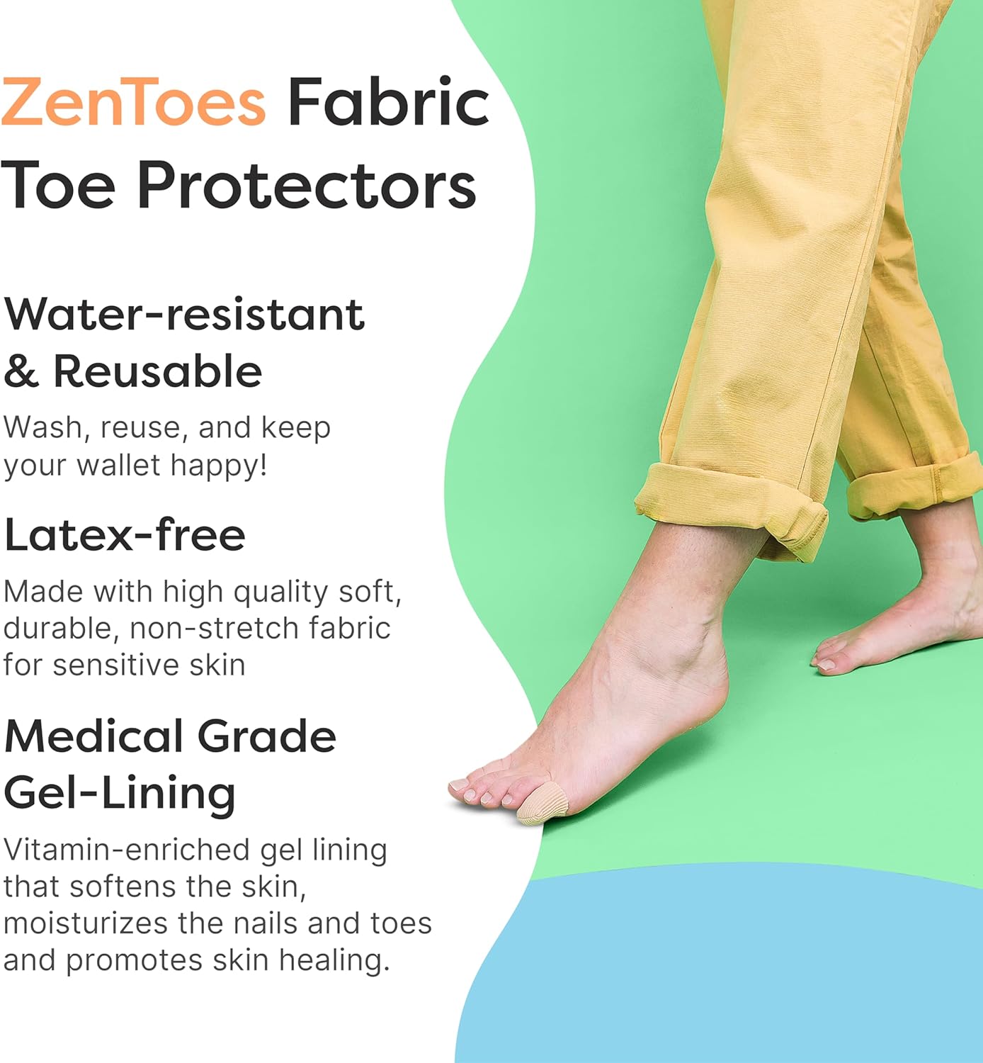 ZenToes Fabric Toe Protectors | Promotes Skin Hydration & Blister Prevention | Medical-Grade Gel Lining | Washable & Reusable Corn, Callus & Ingrown Toenail Relief Between Toes | Large, 5-Pack