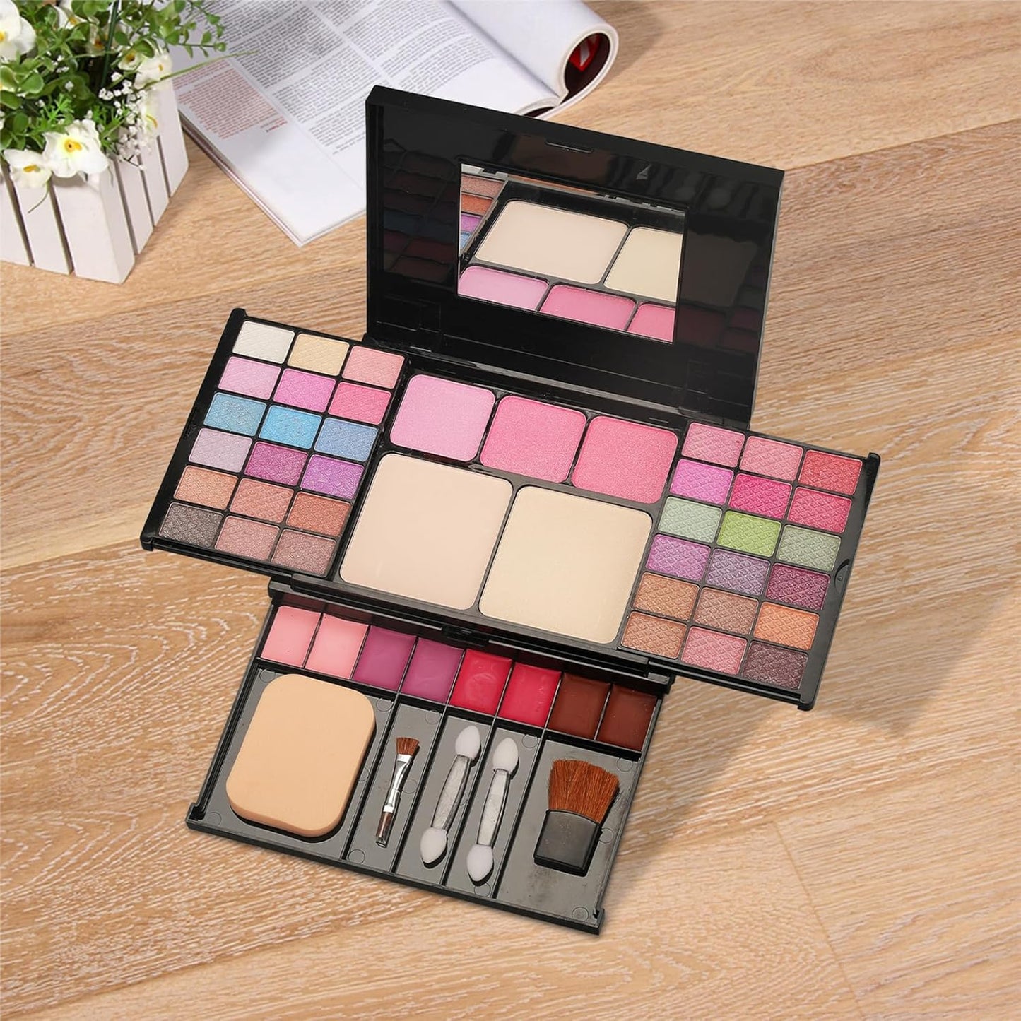 VolksRose Multi Functional Makeup Palette Set:36 Eyeshadow+3 Gradient Blushes+Lipsticks 8 Colors,Complete Tools (Powder Puff+Dual-Ended Brush+Sponge Sticks*2+Blush Brush+Mirror),Portable Present Case