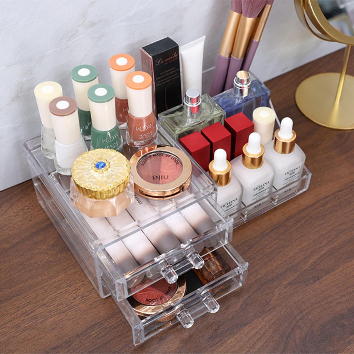 Acrylic Small Makeup Organizer with Drawers,Clear Skincare Organizer for Vanity,Dresser,Bathroom Countertop,Cute Cosmetic Organizer for Lip Gloss,Makeup Brush,Beauty,Skin Care and Cosmetic Storage