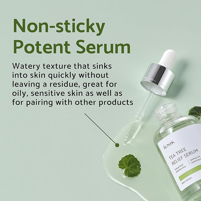 iUNIK Tea Tree Relief Facial Serum & Propolis Vitamin C Face and Eye Cream Non-sticky Non-greasy Acne Redness Irritation Dullness Dark Spots Care Oily Sensitive Skin Vegan Korean Skincare
