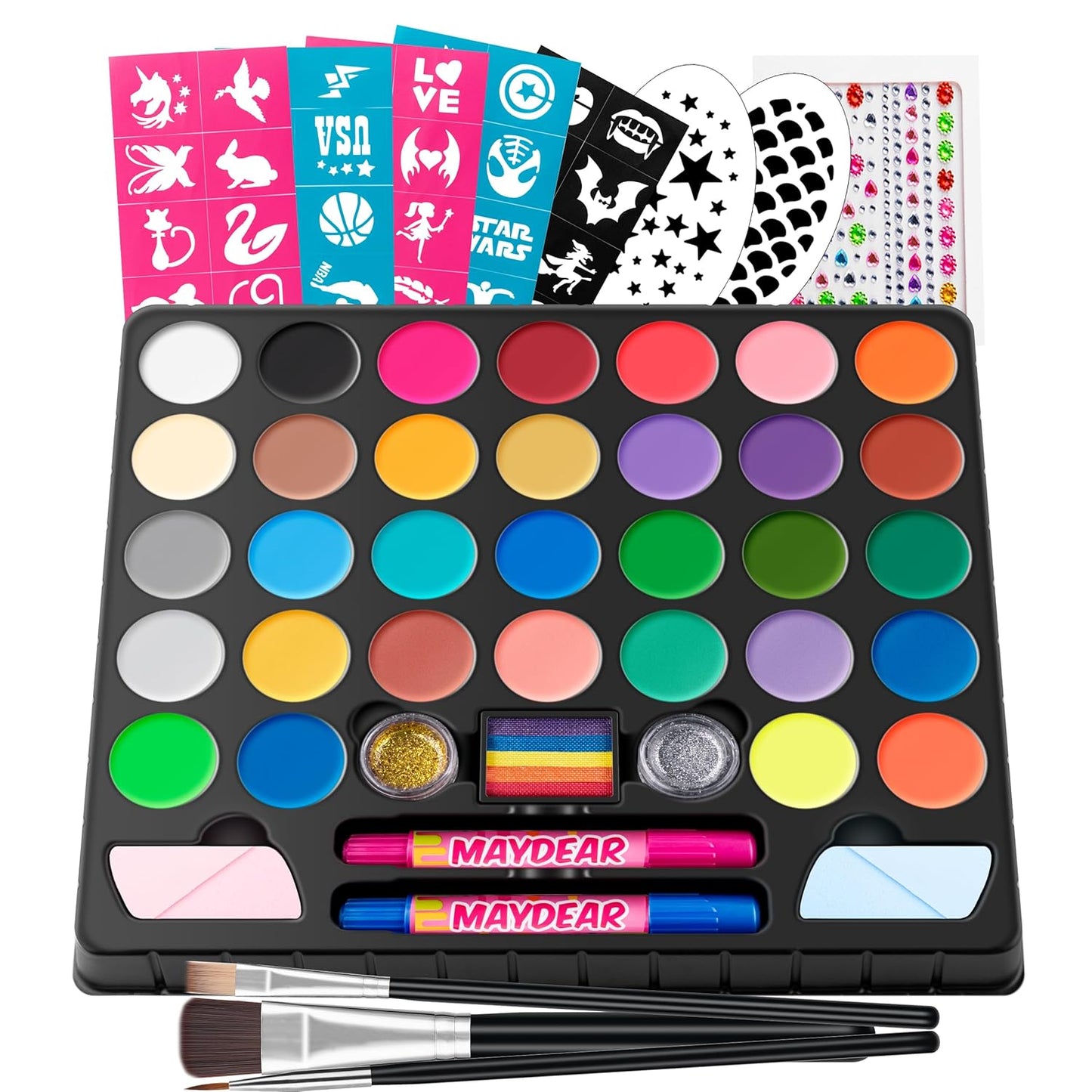 Maydear Face Painting Kit for Kids, 32 Colors Water Based Makeup Palette with Stencils, Glitters, Rainbow Split Cake, Hair Dye Clips, for Parties, Halloween, Safe Professional Face Body Paint Kit