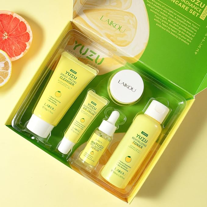 Grapefruit Skincare Set, 5-In-1 Skincare Gift Set With Facial Cleanser, Face Serum, Face Cream, Eye Cream, Moisturizing Toner Anti-Aging Skin Care Kit For Women Men