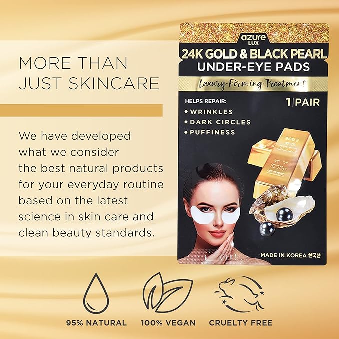 Azure Cosmetics 24K Gold & Black Pearl Luxury Firming Under Eye Pads - Moisturizing & Restoring Eye Mask Patches - Reduces Fine Lines, Wrinkles, Dark Circles & Puffiness - Made in Korea - 5 Pairs