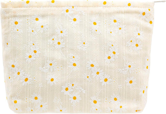 PAZIMIIK Floral Makeup Bag Large Cotton Zipper Pouch for Purse Travel Canvas Make Up Organizer for Women Cosmetic,Daisy Beige