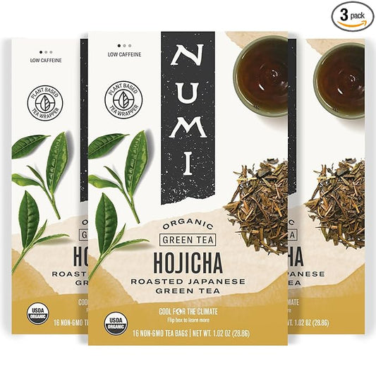 Numi Organic Hojicha Tea, 16 Tea Bags (Pack of 3), Roasted Japanese Green Tea, Caffeinated