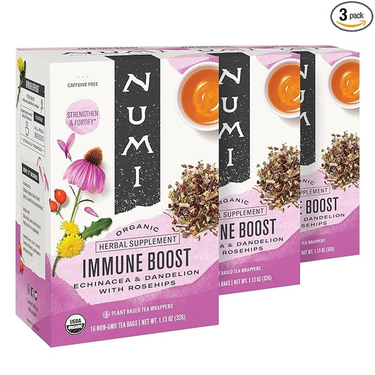 Numi Organic Immune Boost Tea, 16 Tea Bags (Pack of 3), Echinacea, Dandelion and Rosehips, Caffeine Free