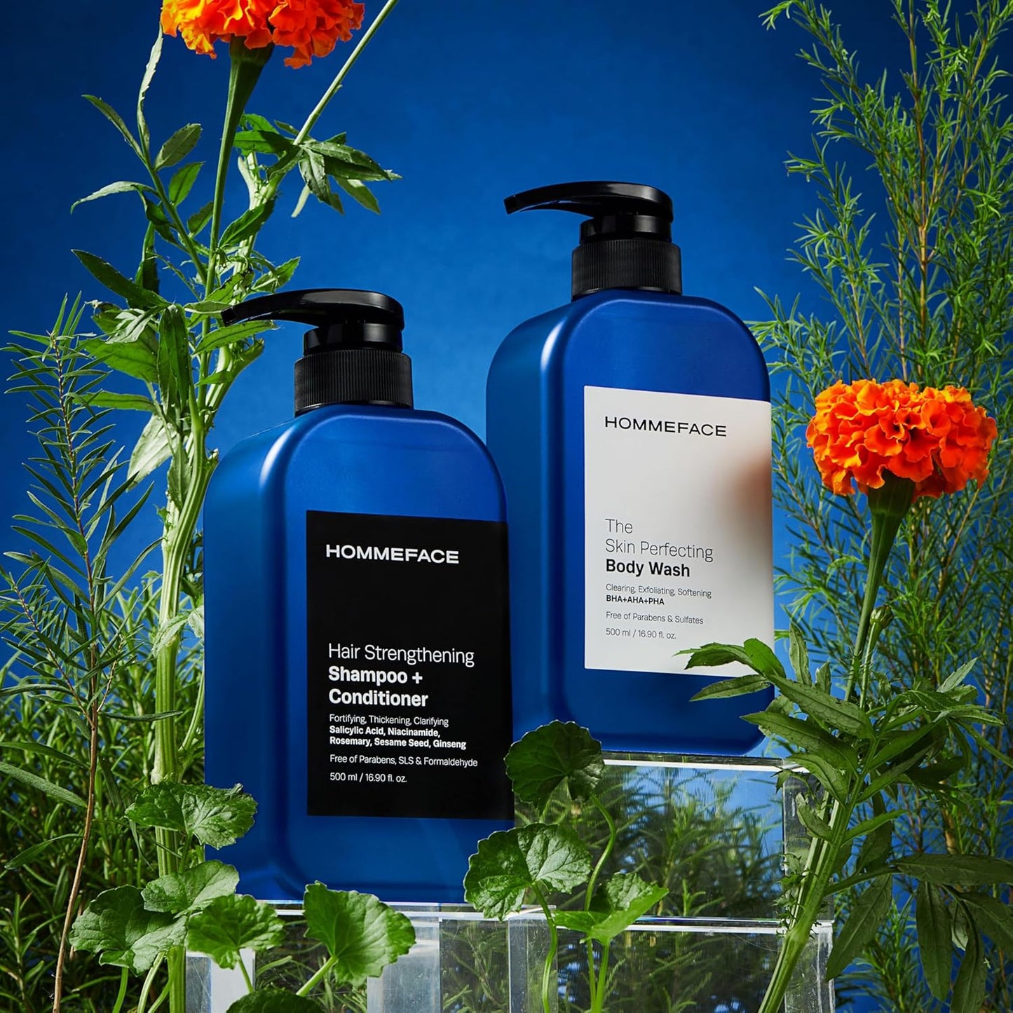 HOMMEFACE Men’s Triple Action Shower Kit - 2 Piece Set with 2-in-1 Hair Strengthening Shampoo + Conditioner & Body Wash with Pump - Korean Skincare Technology for Body Acne and Scalp Health