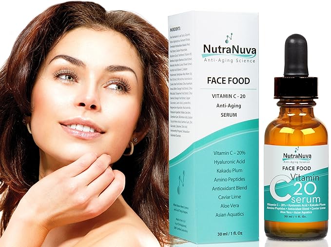 Face Food Anti Aging Natural 20% Vitamin C Serum Complex VEGAN Formula, Kakadu Plum, Hyaluronic Acid, Peptides, Aquatic Plants, Aloe and more for Wrinkles, Age Spots, Collagen,1 fl. Oz