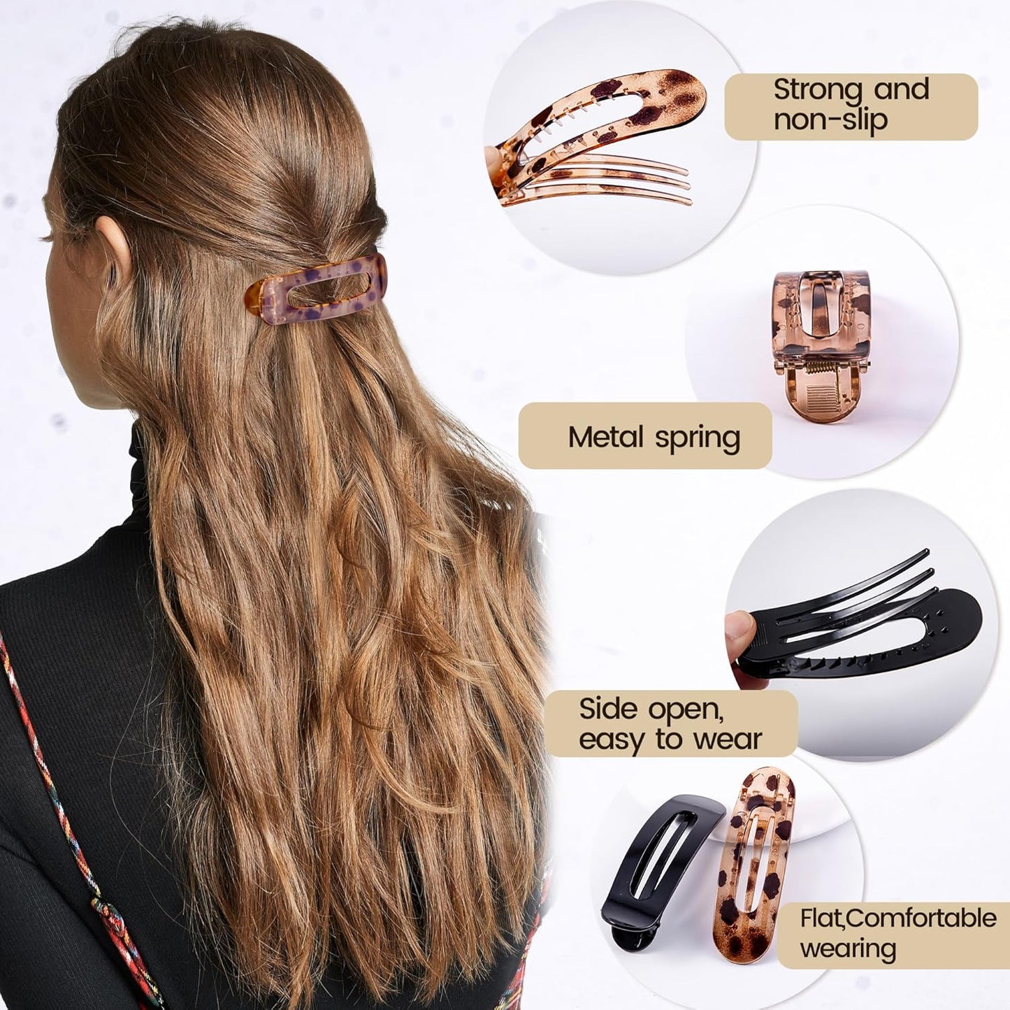 8 Pcs Large Lay Flat Claw Clips for Women French Side Slide Barrettes for Thin Fine Hair Rectangle Alligator Hair Accessories, Bright Black Tortoiseshell