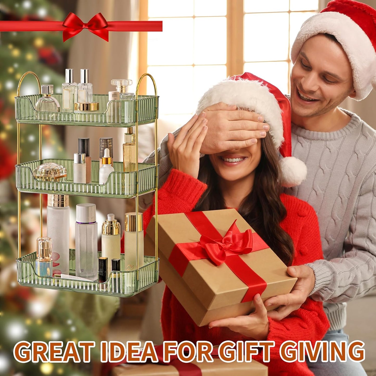 YCIA&DONE Bathroom Organizer Countertop, Makeup Storage, Skincare Cosmetic Tray Shelf, Perfume Holder Rack for Vanity Counter, Large Capacity, Easy to Install, Clean, 3 Tiers, Vintage Green