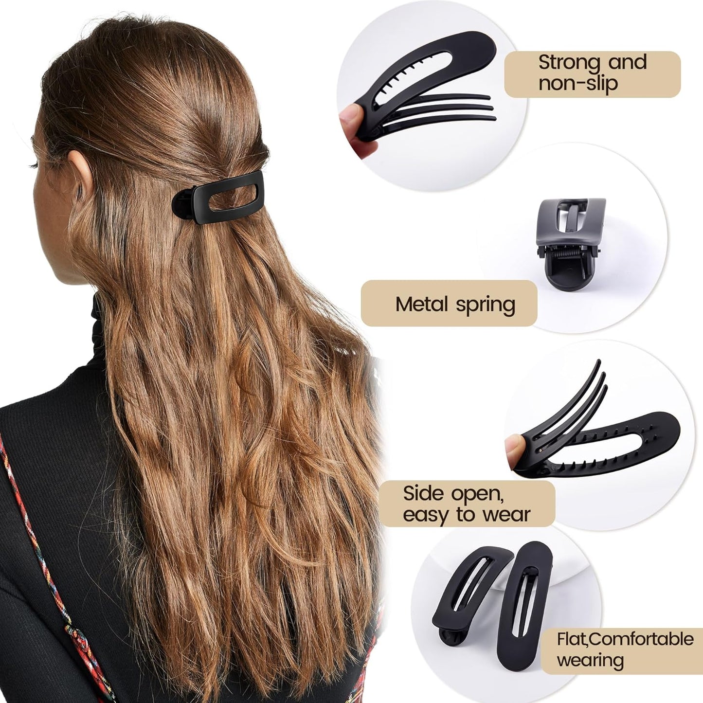 8 Pcs Large Lay Flat Claw Clips for Women French Side Slide Barrettes for Thin Fine Hair Rectangle Alligator Hair Accessories,Matte Black