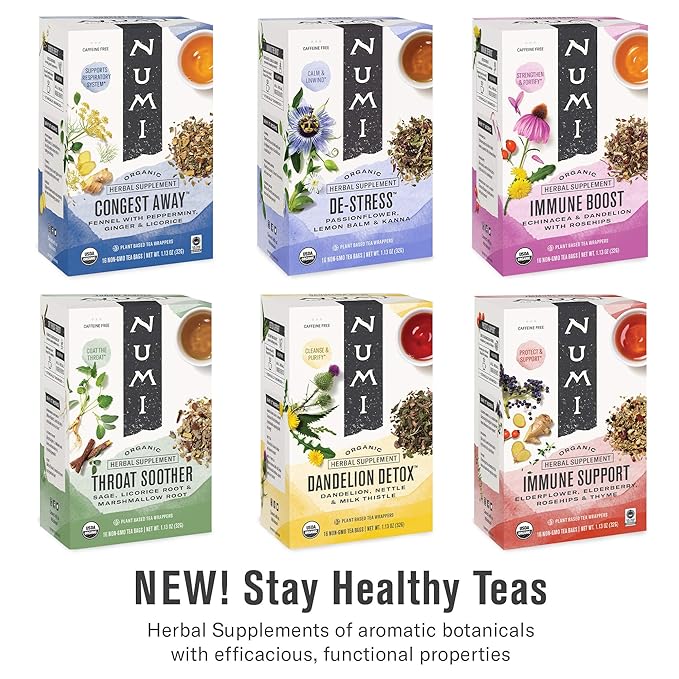 Numi Organic De-Stress Tea, 16 Tea Bags (Pack of 3), Passionflower, Lemon Balm, and Kanna, Caffeine Free