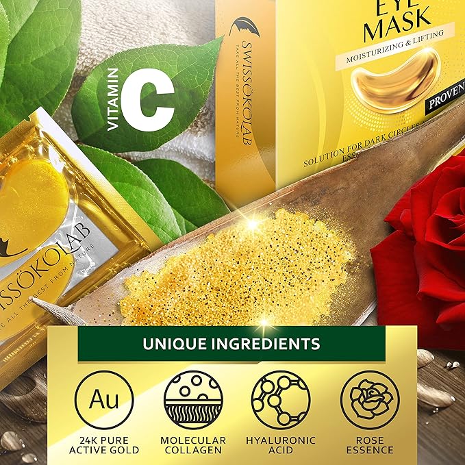 SWISSÖKOLAB Under Eye Patches For Puffy Eyes 24k Gold Eye Mask For Dark Circles And Puffiness Collagen Eye Gel Pads Moisturizing & Reducing Wrinkles Anti-Aging Hyaluronic Acid