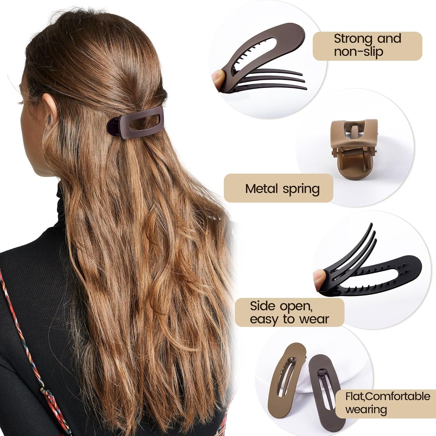 8 Pcs Large Lay Flat Claw Clips for Women French Side Slide Barrettes for Thin Fine Hair Rectangle Alligator Hair Accessories,Matte Coffee Khaki Brown Black