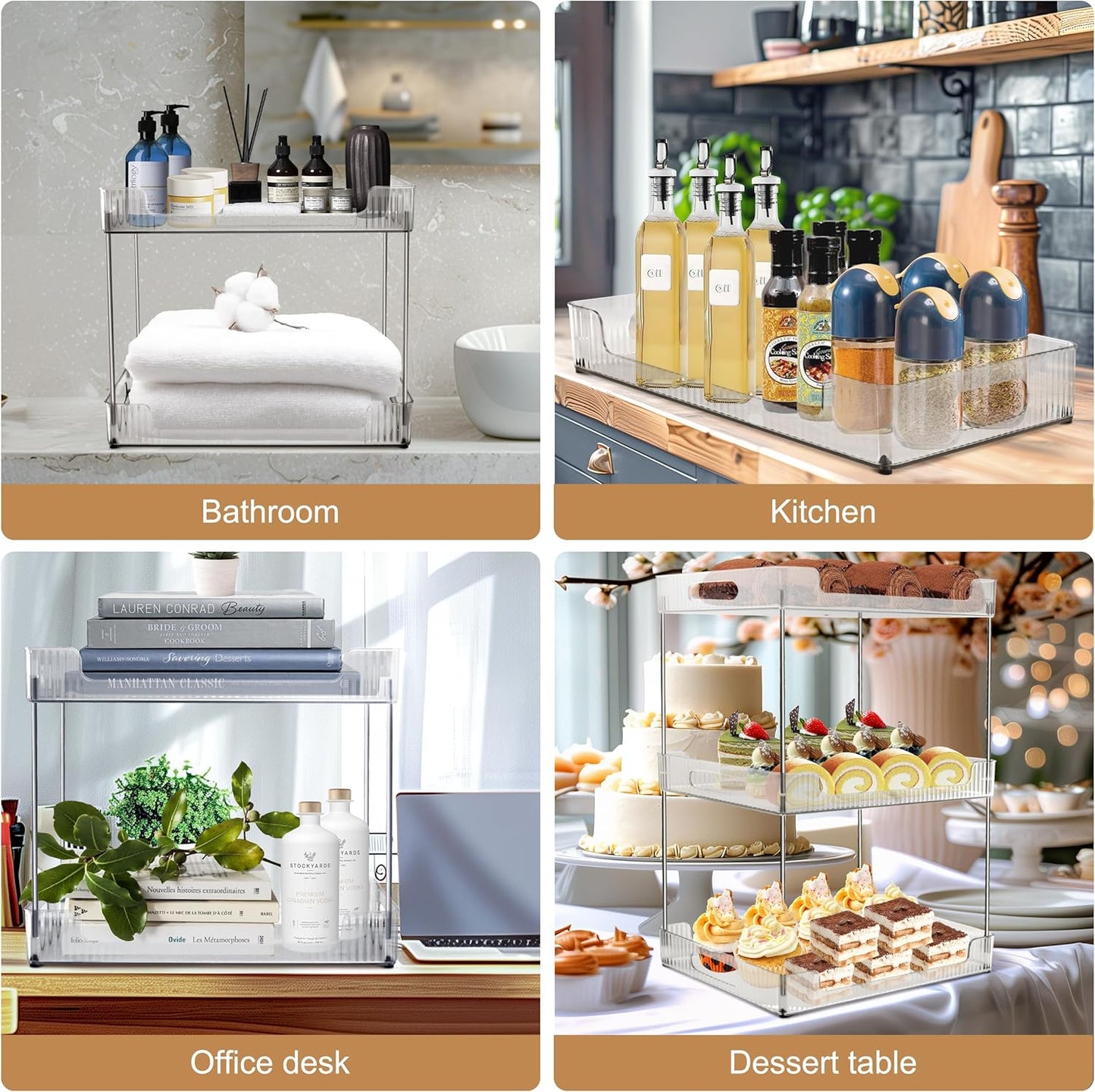 2-Tier Bathroom Counter Organizer, Multi-Purpose Cosmetics Skincare Shelf, Fits A4 Size Makeup Organizer for Office and Vanity Tray, Countertop Storage Solution for Kitchen,Bath.(Clear)