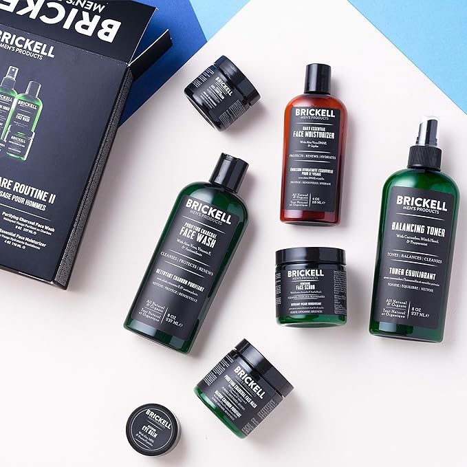 Brickell Men's Daily Elite Face Care Routine II, Toner, Charcoal Facial Wash, Face Scrub, Anti-Aging Night Cream, Eye Cream, Charcoal Mask and Moisturizer, Natural and Organic, Scented