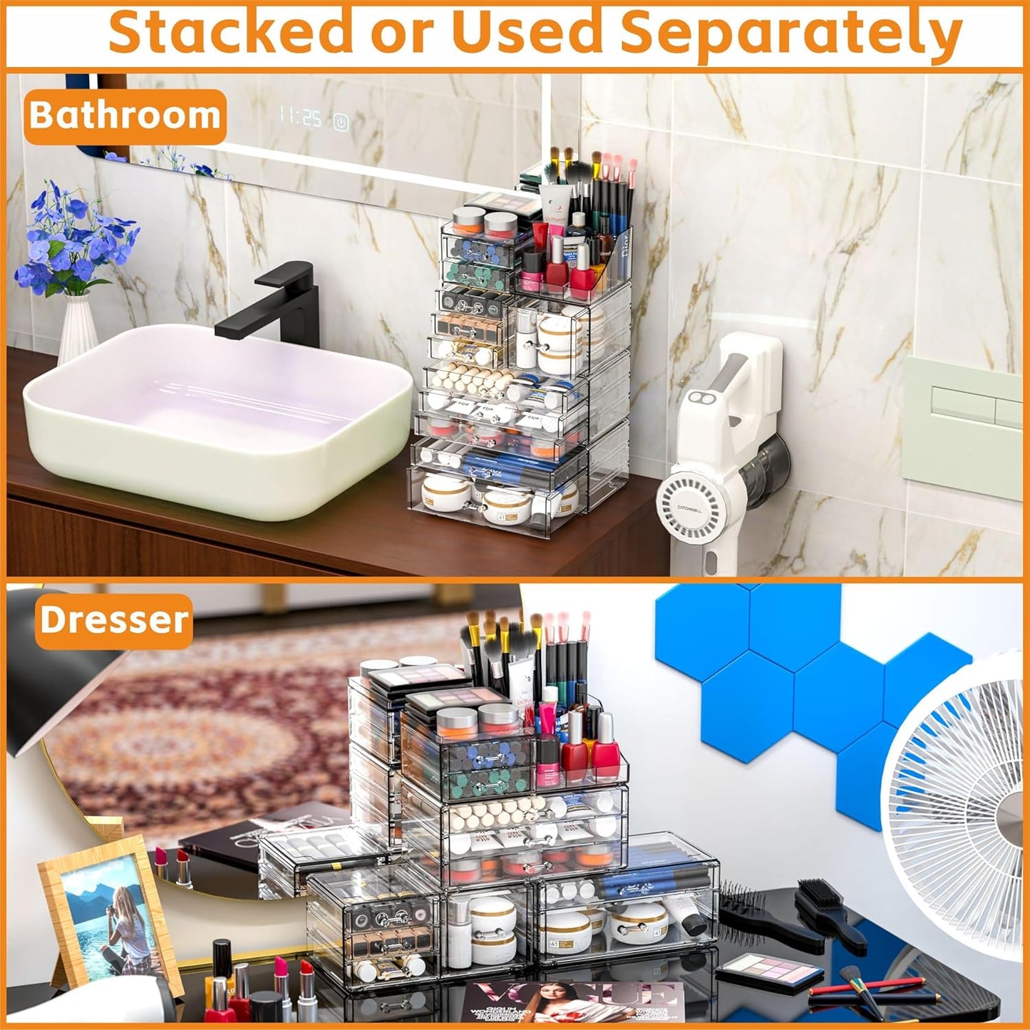 Acrylic Clear Makeup Organizer Countertop,Stackable Skincare Organizer for Vanity With 11 Drawer,Large Plastic Desk Accessories Organization,Bathroom Cosmetic Organizer Countertop for Beauty,Skin Care