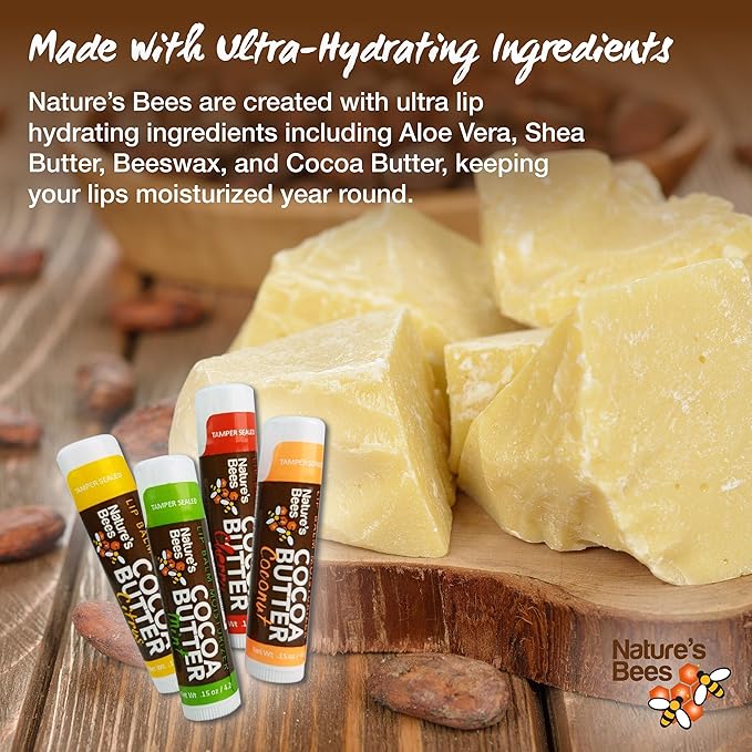 Nature's Bees Cocoa Butter Lip Balm, Lip Care for Dry Lips, Made with Coconut Oil, Beeswax, Vitamin E, Aloe, and Shea Butter, 0.15 oz Each, 3 Flavors Coconut, Cherry, and Mint, 24 Pack